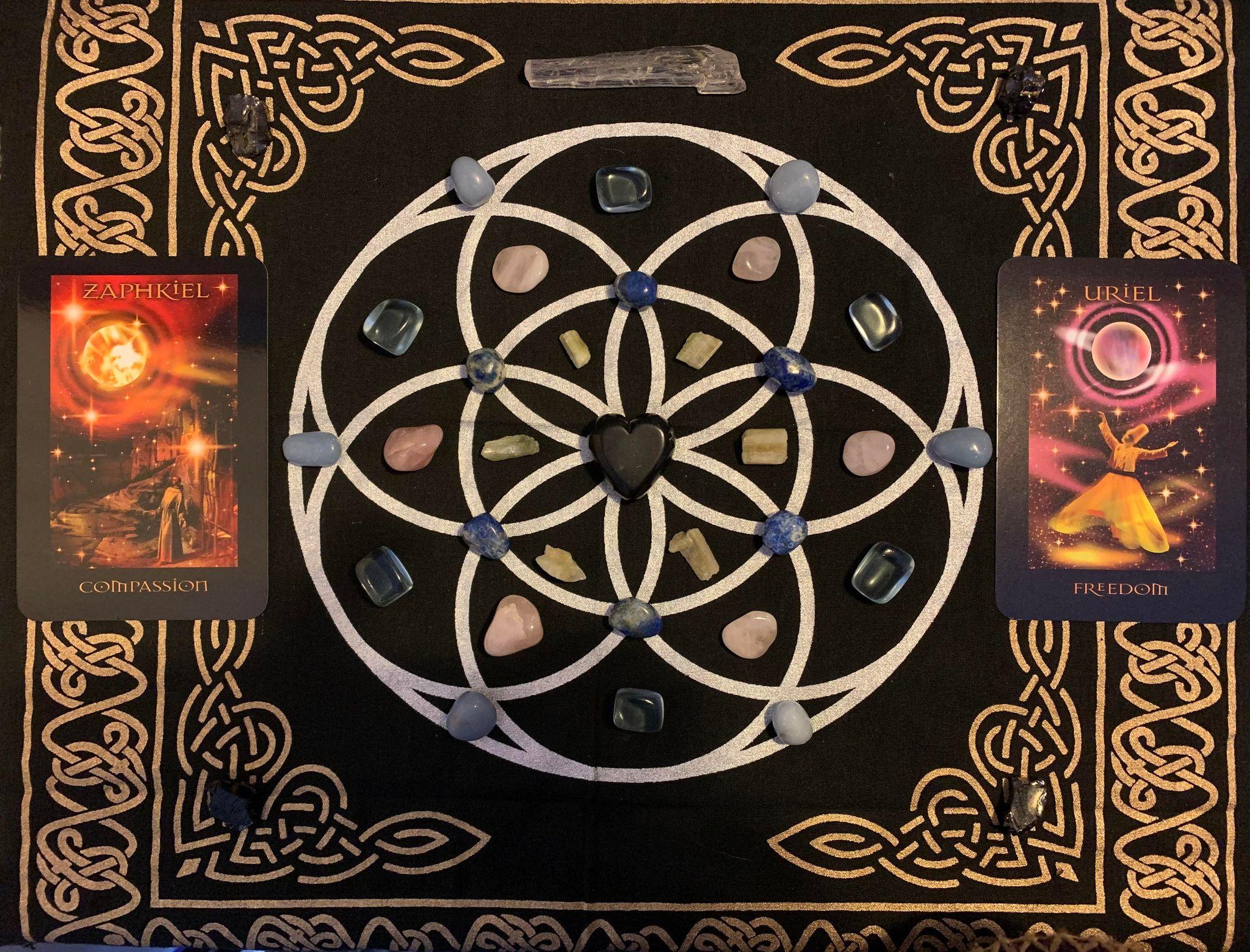 Flower of life crystal grid altar cloth with two angel oracle cards